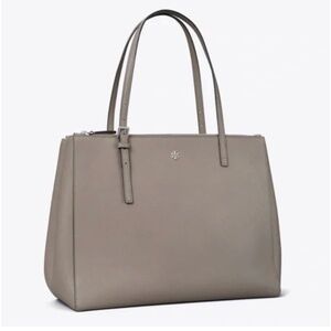 Tory Burch Emerson buckle tote purse double zip tan cream bag belt loop straps